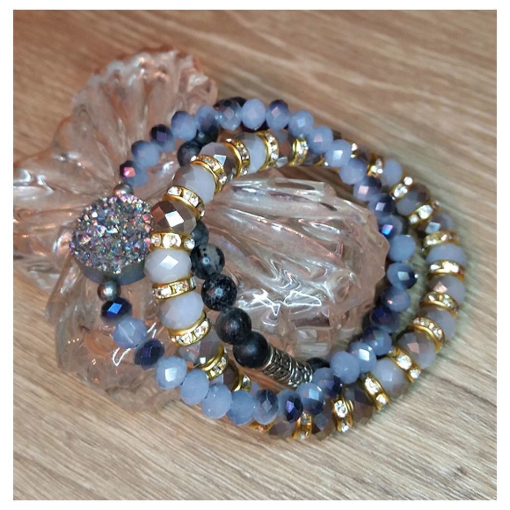 Bundle lot 3 crystal and stone stackable layering bracelets boho rainbow druzy